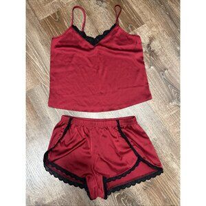 Women's Ekouaer Camisole Sleep Set Of 2 Red Blac Lace Trim Adjustable Straps